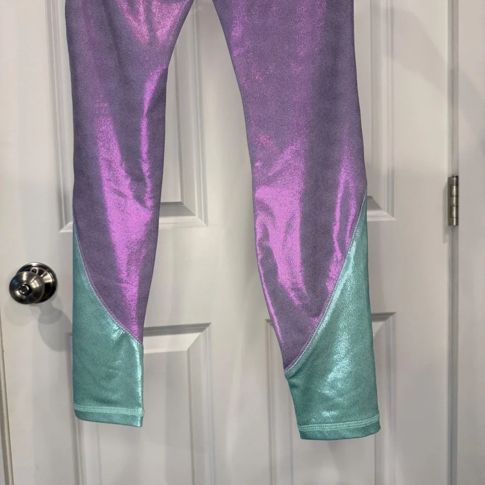 Justice‎ Girls Purple Teal Metallic Shimmer Colorblock Leggings Size M 10